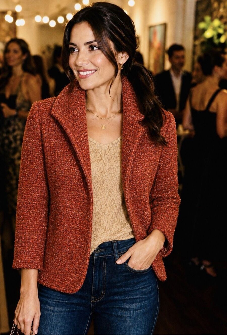 Lafayette 148 New York Rust Red Bouclé Tweed Open-Front Blazer Size 6 $495